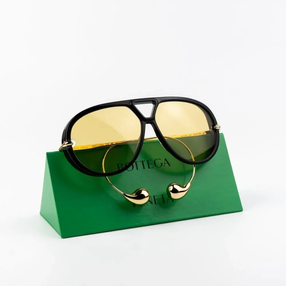 NEW Bottega Veneta BV1273S 003 Black Gold Yellow Pilot Unisex Sunglasses